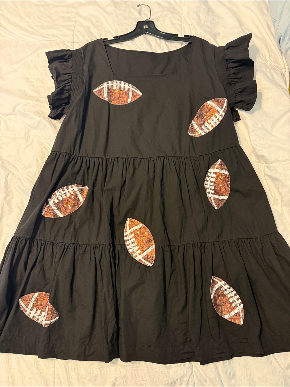 Black Ruffled Short Sleeve Dress with Sequin Football Appliqués